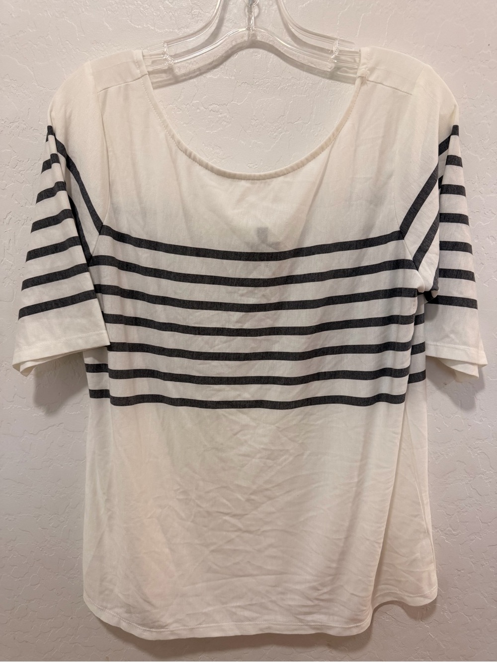 XL Black White Striped Scoop Neck Short Sleeve Top sheer thin coastal preppy